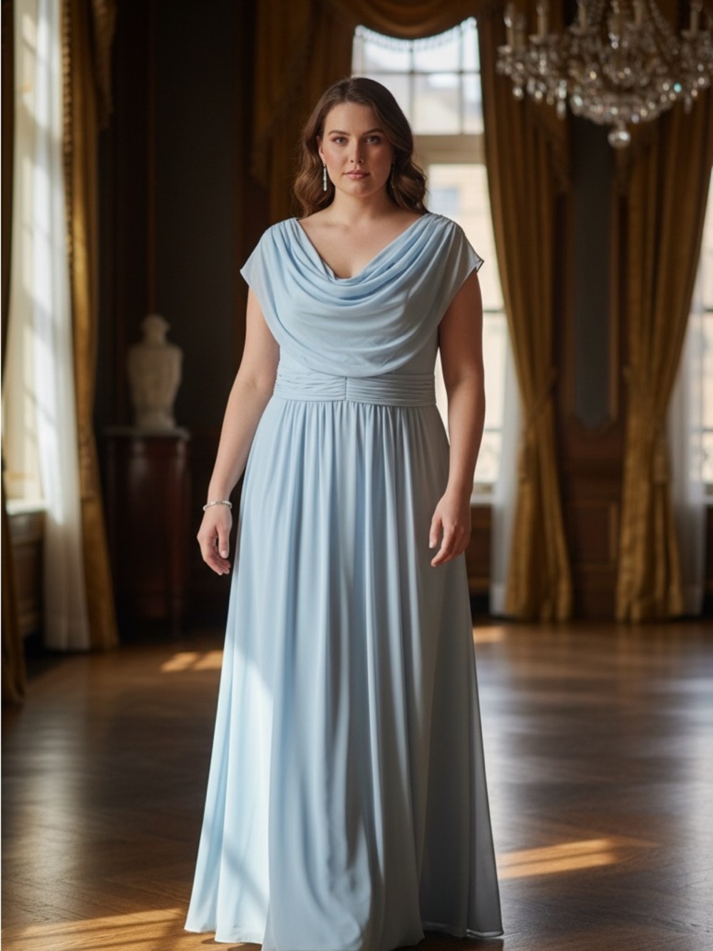 Azazie Light Blue Draped Cowl Neck Maxi Dress